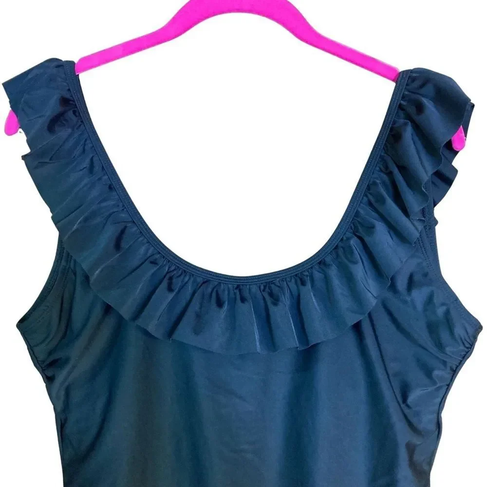 Sugar Coast Women's Swimsuit Sz L Black Ruffle Trim‎ One Piece